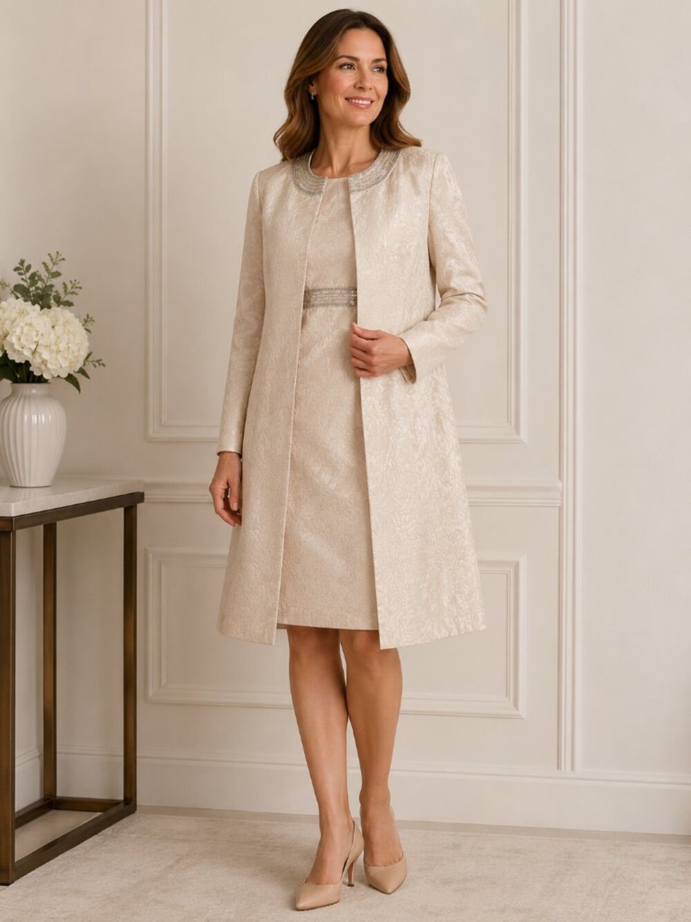 Kasper Champagne-Beige Jacquard Dress with Matching Coat